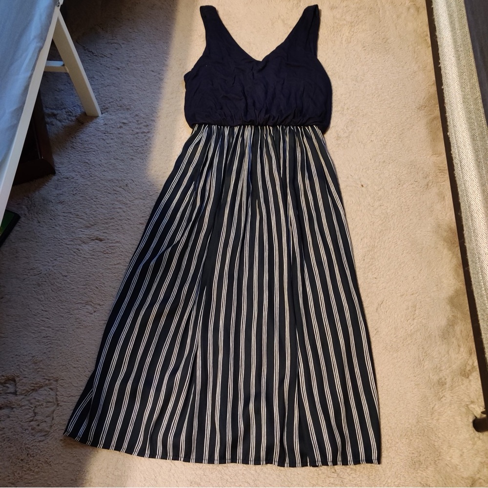 LOFT Black White Striped Skirt Midi Dress Blouson Black Top
